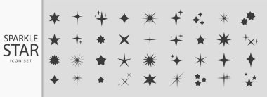 Vektör ışıldayan yıldız ikonu, dekoratif ışıltı ve patlama formları, soyut parlayan flaş sembolleri, parlayan ışık efektleri, y2k tarzı temel siyah şekiller geometrik elementler