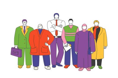 Bir grup iş adamından başarıya. Kararlı ve özgüvenli bir iş ekibi. Düz biçim vektör tasarımı renkli çizimler
