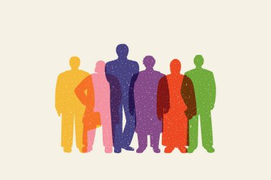 Risograph tarzında bir grup iş adamı. Kararlı ve özgüvenli bir iş ekibi. Düz vektör tasarımı renkli çizimler