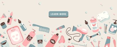 Banyo için nesnelerin ve kozmetik ürünlerin resimleriyle daha fazla sayfa öğrenmek için web sitesi afişi. Günlük bakım aksesuarları, masaj ve spa ürünleri ile hijyen. Yatay arkaplan