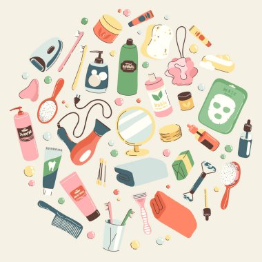 Banyo için nesneler ve kozmetik maddelerle kusursuz desen. Günlük bakım aksesuarları, masaj, hijyen, spa ürünleri. Sancak, arkaplan