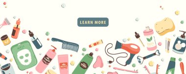 Banyo için nesnelerin ve kozmetik ürünlerin resimleriyle daha fazla sayfa öğrenmek için web sitesi afişi. Günlük bakım aksesuarları, masaj ve spa ürünleri ile hijyen. Yatay arkaplan