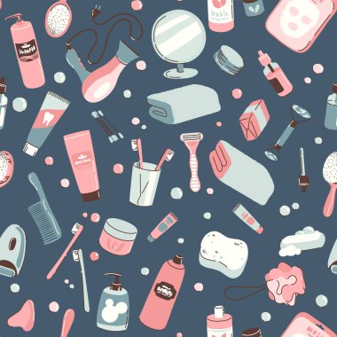 Banyo için nesneler ve kozmetik maddelerle kusursuz desen. Günlük bakım aksesuarları, masaj, hijyen, spa ürünleri. Sancak, arkaplan
