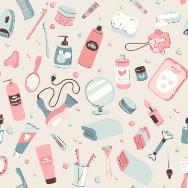 Banyo için nesneler ve kozmetik maddelerle kusursuz desen. Günlük bakım aksesuarları, masaj, hijyen, spa ürünleri. Sancak, arkaplan