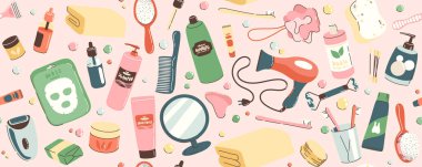 Banyo için nesneler ve kozmetik maddelerle kusursuz desen. Günlük bakım aksesuarları, masaj, hijyen, spa ürünleri. Sancak, arkaplan