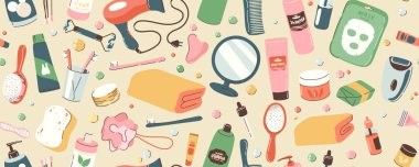 Banyo için nesneler ve kozmetik maddelerle kusursuz desen. Günlük bakım aksesuarları, masaj, hijyen, spa ürünleri. Sancak, arkaplan