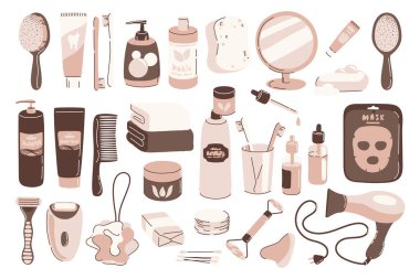 Banyo için bir takım eşyalar ve kozmetik ürünler. Günlük kişisel bakım aksesuarları ve masaj malzemeleri, hijyen ürünleri, spa ürünleri. İzole edilmiş düz tasarımlar