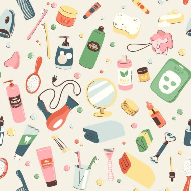 Banyo için nesneler ve kozmetik maddelerle kusursuz desen. Günlük bakım aksesuarları, masaj, hijyen, spa ürünleri. Sancak, arkaplan