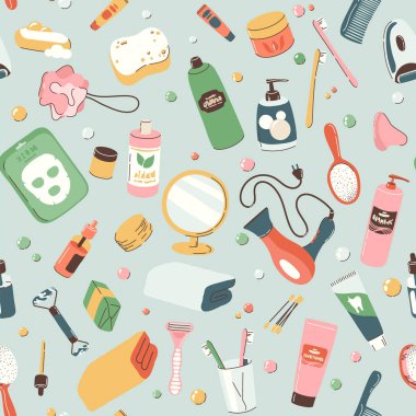 Banyo için nesneler ve kozmetik maddelerle kusursuz desen. Günlük bakım aksesuarları, masaj, hijyen, spa ürünleri. Sancak, arkaplan