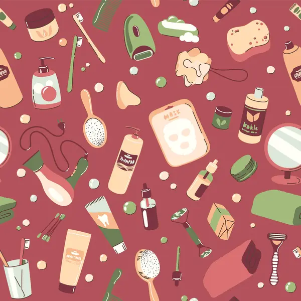 Banyo için nesneler ve kozmetik maddelerle kusursuz desen. Günlük bakım aksesuarları, masaj, hijyen, spa ürünleri. Sancak, arkaplan