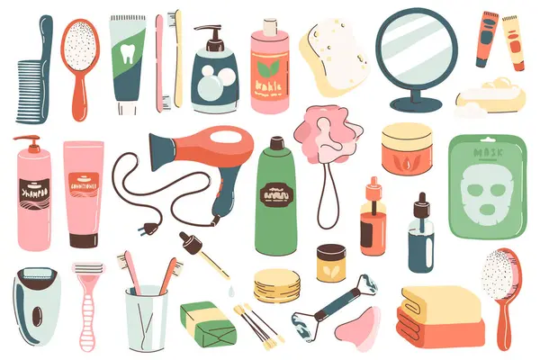 Banyo için bir takım eşyalar ve kozmetik ürünler. Günlük kişisel bakım aksesuarları ve masaj malzemeleri, hijyen ürünleri, spa ürünleri. İzole edilmiş düz tasarımlar