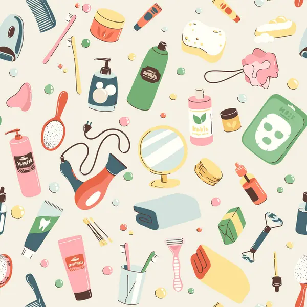 Banyo için nesneler ve kozmetik maddelerle kusursuz desen. Günlük bakım aksesuarları, masaj, hijyen, spa ürünleri. Sancak, arkaplan