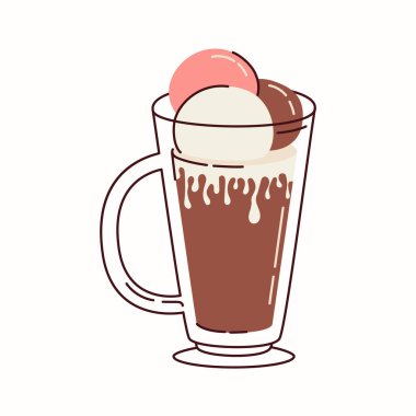 Camdan bir bardak içinde dondurmalı kahve vektör el çizimi düz bir şekilde beyaz arka planda izole edilmiş.