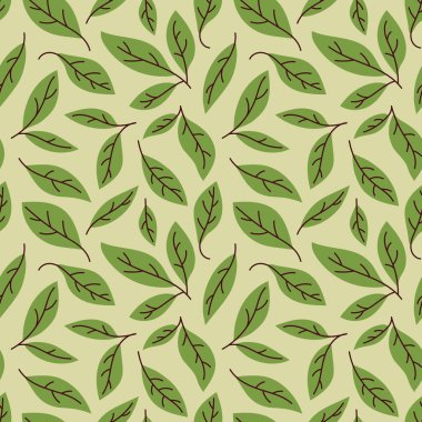 Yeşil yapraklar, çay, kibrit illüstrasyon, pürüzsüz desen, düz çizgi film tarzı arka plan