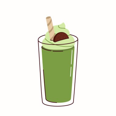 Silinmiş krema ve çikolatalı kurabiye ile Matcha Smoothie, beyaz arka planda izole edilmiş ikon.