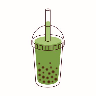 Krem şantili Matcha Latte ve bembeyaz arka planda izole edilmiş, saman, simge ile berrak plastik bardakta tapyoka.