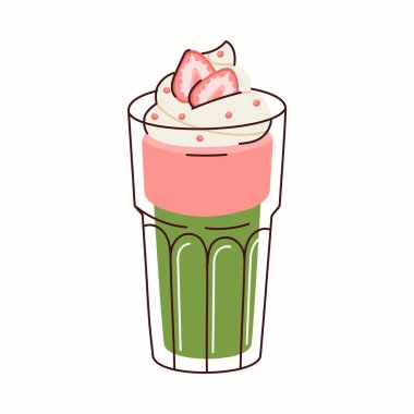 Beyaz arkaplanda izole edilmiş, berrak bir cam içinde krem şantili çilekli latte.