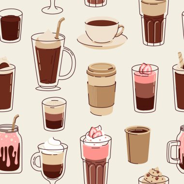 Pastel renkli kahve fincanlarının hoş çizimleri, pürüzsüz desenler, düz stil.