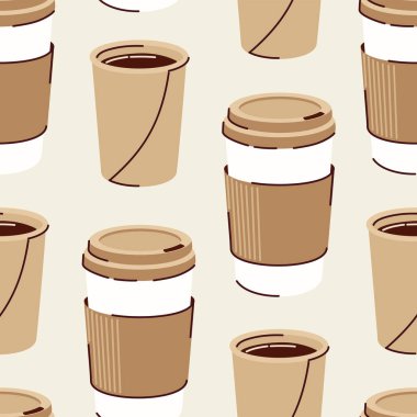 Kâğıt bardaklardaki sevimli kahve örnekleri, pastel renkler, pürüzsüz desenler, düz stil.