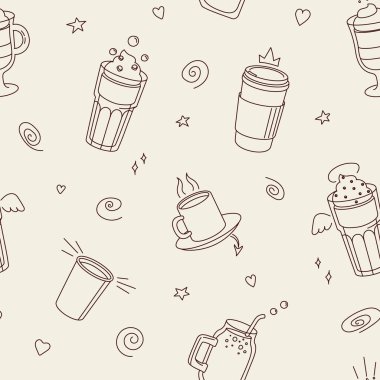 Kahve fincanı kusursuz desenli. Siyah karalama stili. Vektör kafe içecek arka planı