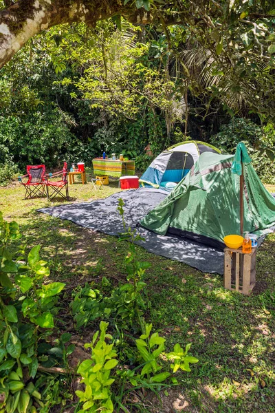 Zwei Zelte Zeltplatz Tropischen Wald Mit Stühlen Picknicktisch Speisen Und — Stockfoto