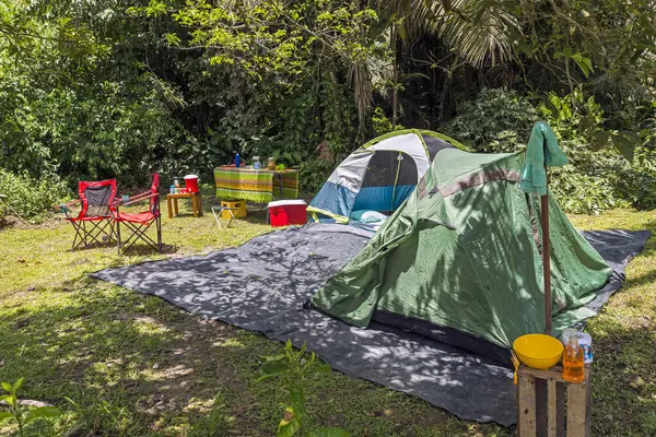 Acampamento Floresta Tropical Duas Tendas Cadeiras Mesa Comida Bebidas Refrigerador — Fotografia de Stock