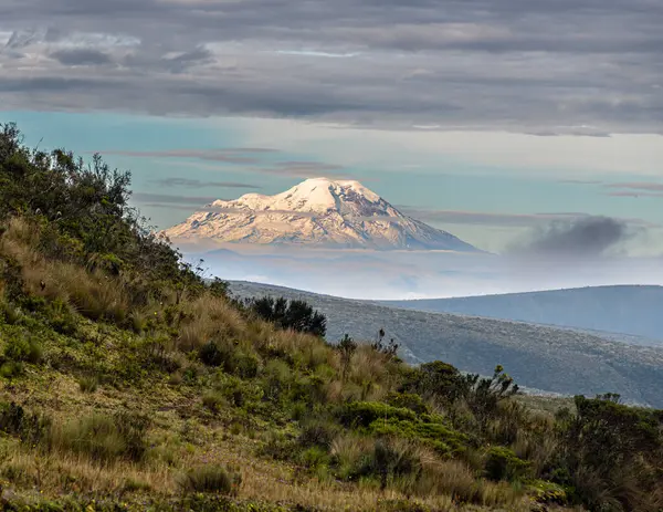 Cotopaxi Ulusal Parkı 'nın yüksek And Dağları' ndan Chimborazo yanardağının kuzey yüzüne uzanan yumuşak sabah ışığı manzarası