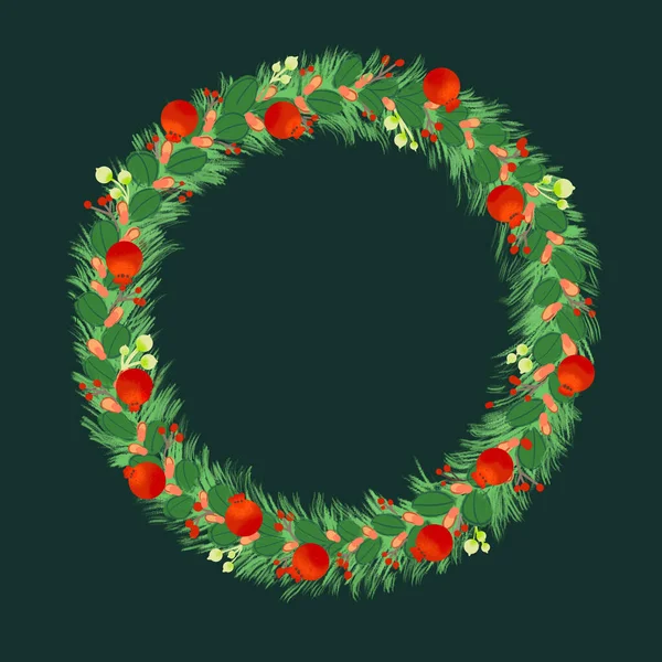 Wreath of green leaves, light green grass, red and white berries, nuts on a green background. New Year wreath, Christmas card.Illustrations for greeting cards, invitations, media banners, printed mat