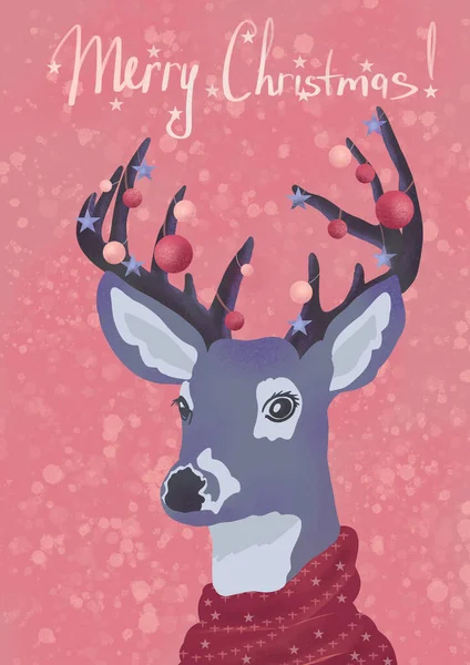 stock image Merry Christmas traditional holiday card, hipster deer, seasonal greeting card, deer with antlers on head and scarf around neck, deer with antlers with christmas balls and stars on pink background