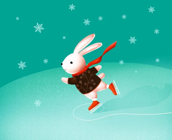 Netter Cartoon Hase Schlittschuhlaufen Ein Weißer Hase Roten Schlittschuhen Und — Stockfoto