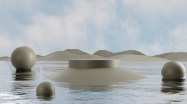 Sudaki doğal boş podyum, ürün vitrini için gri kaide, boş platform görüntüsü, 3D görüntüleme