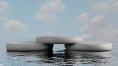 Suda en az boş podyum, ürün sergisi için temiz kaide, boş platform sunumu. 3d oluşturma