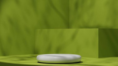 Beyaz doğal kaide ya da podyum yeşil zemin, ürün sergisi için boş platform, 3D görüntüleme