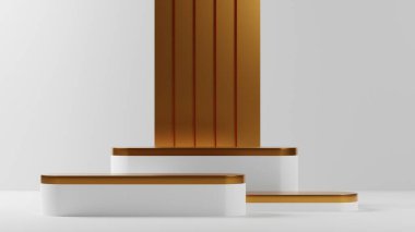 3D sunucu lüks minimal altın ve beyaz kaide veya podyum, ürün sergisi için altın boş stand