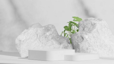 Lüks beyaz podyum ve taş, ürün sergisi için doğal boş kaide platformu, 3D görüntüleme