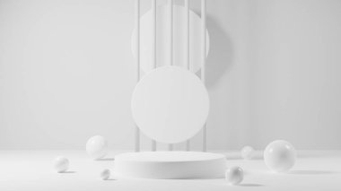 Ürün vitrini için minimal beyaz podyum veya kaide, boş platform stand ekranı, sunum için boş sahne, 3d görüntüleme