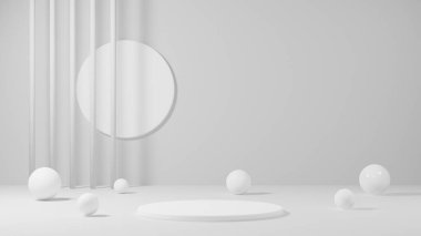 Ürün vitrini için minimal beyaz podyum veya kaide, boş platform stand ekranı, sunum için boş sahne, 3d görüntüleme