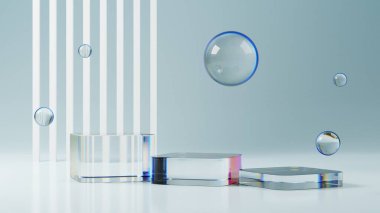 3D görüntüleme boş şeffaf cam platform arkaplan, ürün gösterisi ve sunum için kristal kaide