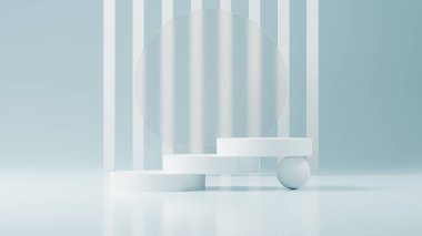 Beyaz model podyum ya da kristal küreli kaide, ürün sergisi için boş platform, 3D görüntüleme