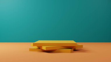 3D görüntüleme sarı kaidesi veya podyum modelleme görüntüsü, ürün sergisi için yeşil zemin ile boş platform