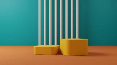 3D görüntüleme sarı kaidesi veya podyum modelleme görüntüsü, ürün sergisi için yeşil zemin ile boş platform