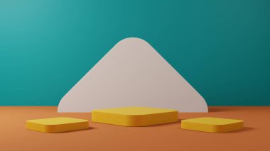 3D görüntüleme sarı kaidesi veya podyum modelleme görüntüsü, ürün sergisi için yeşil zemin ile boş platform