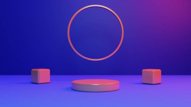 3D görüntüleme kaidesi ya da podyum modeli ile retro 80 'lerin siber neon arkaplanı, ürün sergisi için boş platform, klasik neon illüstrasyon.