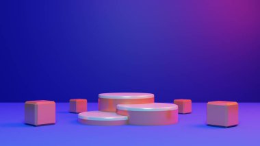 3D görüntüleme kaidesi ya da podyum modeli ile retro 80 'lerin siber neon arkaplanı, ürün sergisi için boş platform, klasik neon illüstrasyon.