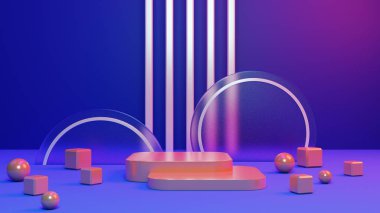 3D görüntüleme kaidesi ya da podyum modeli ile retro 80 'lerin siber neon arkaplanı, ürün sergisi için boş platform, klasik neon illüstrasyon.