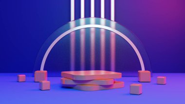 3D görüntüleme kaidesi ya da podyum modeli ile retro 80 'lerin siber neon arkaplanı, ürün sergisi için boş platform, klasik neon illüstrasyon.