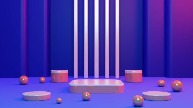 3D görüntüleme kaidesi ya da podyum modeli ile retro 80 'lerin siber neon arkaplanı, ürün sergisi için boş platform, klasik neon illüstrasyon.
