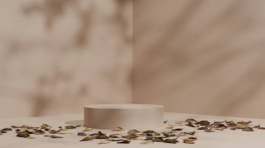 Doğal gölge bej arkaplanda bej rengi podyum modeli, kuru yaprak ve çimenler boş platform güzellik ürünleri sergisi ve sunumu, 3D