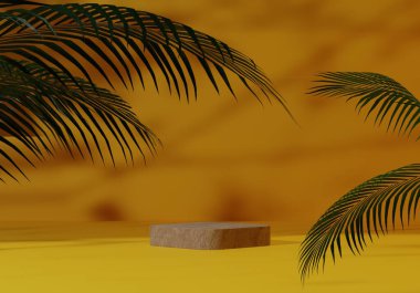 Tropikal yaprak, bitki ve gölge arkaplan ile doğal ahşap kaidesel podyum modeli, güzellik ürünü gösterisi ve sunumu için boş platform. 3B Hazırlama