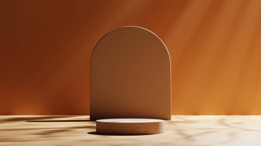 3 Boyutlu Hazırlama Ahşap kaidesi ya da podyum modeli güneş ışınları arka planı, ürün gösterisi ve sunumu için boş platform, boş sahne görüntüsü.